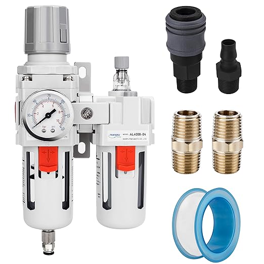 NANPU 1/2" NPT Compressed Air Filter Regulator Lubricator Combo Water/Oil Trap Separator - Gauge(0-150 psi), Poly Bowl, Semi-Auto Drain, Bracket - 3 in 1 Two Unit by NANPU