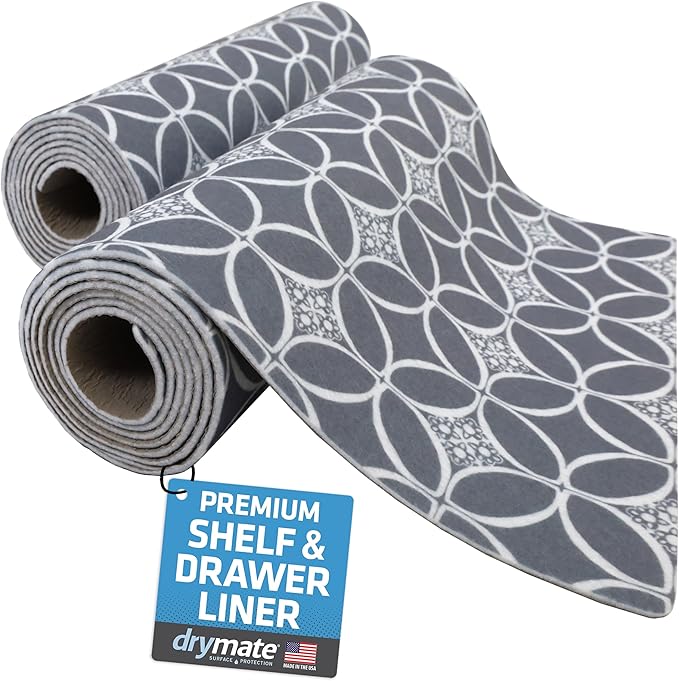 Drymate Premium Luxury Shelf & Drawer Liner, Thick Cushioned Fabric, Non-Adhesive, Absorbent, Waterproof, Slip-Resistant, Liners for Kitchen Cabinets, Cupboards (USA Made)(12”x59”)(2-Pack)(IndigoGrey) by Drymate