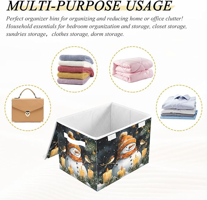 xigua Watercolor Snowman Storage Bins with Lids and Carrying Handle,Foldable Storage Boxes Organizer Containers Baskets Cube with Cover for Home Bedroom Closet Office Nursery - Image 7