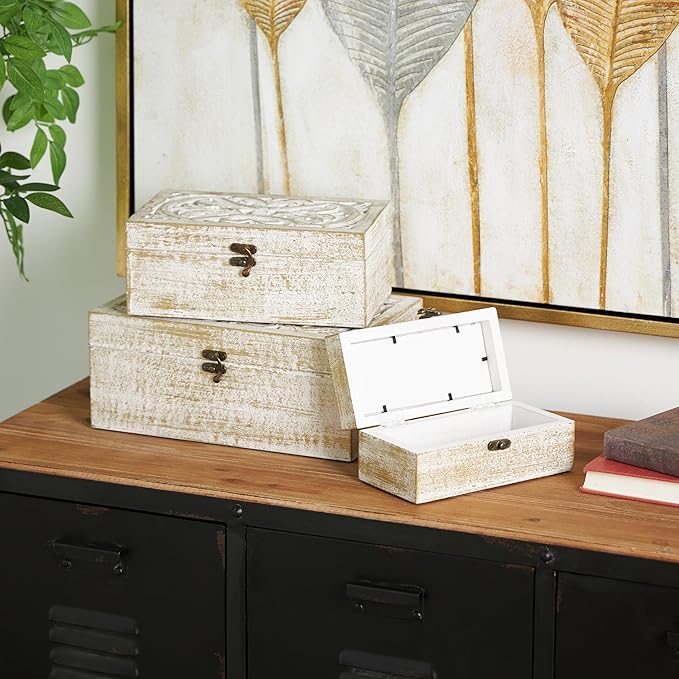 Deco 79 Mango Wood Floral Handmade Decorative Box Decorative Keepsake Boxes with Hinged Lid, Set of 3 Storage Boxes 8", 10", 12"W, White - Image 3