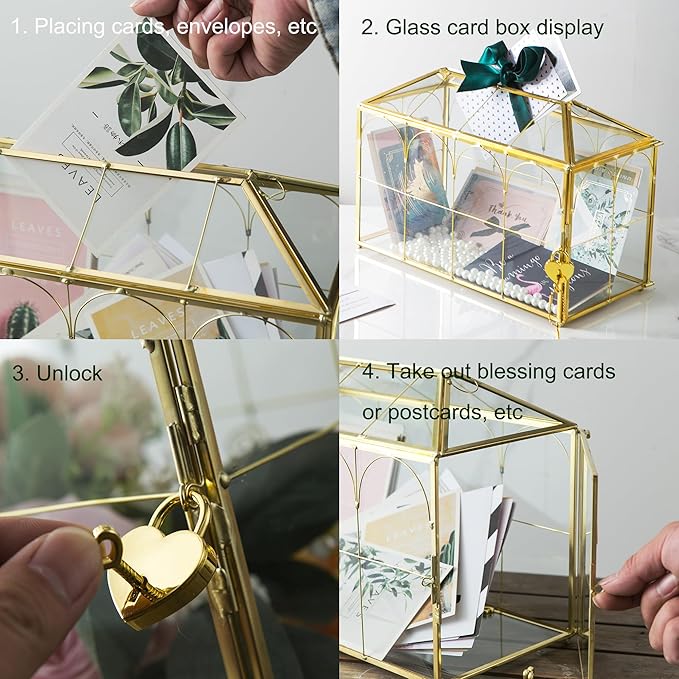 Glass Wedding Card Box with Slot, 12.5'' Large Clear Card Box Gold Brass Gift Card Storage Box with Lock Perfect for Wedding Receptions, Baby Shower, Birthday Party, Bridal Shower - Image 7