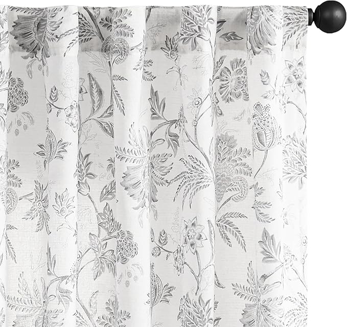 jinchan Linen Floral Curtains for Living Room, 84 Inch Length Curtains with Printed Flower Light Filtering Curtain, Rod Pocket Back Tab Gray Window Curtain Set, 2 Panels Light Grey on White by JINCHAN