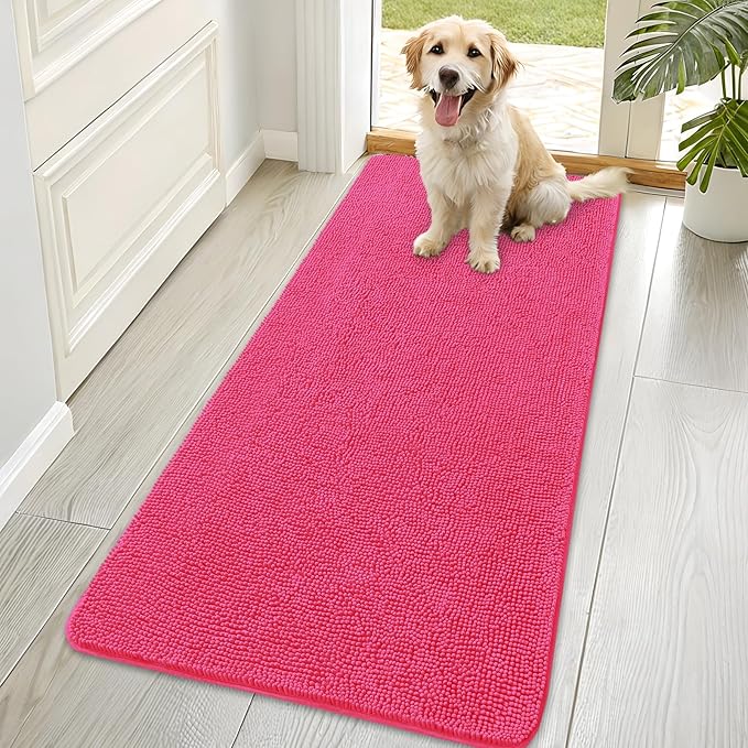 OLANLY Dog Door Mat for Muddy Paws 70x35, Absorbs Moisture and Dirt, Absorbent Non-Slip Washable Doormat, Quick Dry Chenille Mud Mat for Dogs, Entry Indoor Entryway Carpet for Inside Floor, Hot Pink by OLANLY