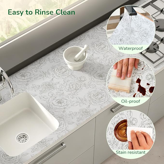Floral Drawer and Shelf Liner for Kitchen, Non-Slip Non-Adhesive Cabinet Liners for Cupboard, Dresser, Shelves, Tool Box, Pantry, Thickened Easy Install, Strong Grip, 11.8In x 20FT, Rose - Image 4