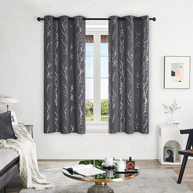 Deconovo Blackout Curtains Grey, Thermal Insulated Soundproof Drapes, Silver Branch Foil Print, 42 x 54 Inch, 2 Panels, Machine‑Washable Privacy Window Panel for Living Room Bedroom Small Windows - Image 2