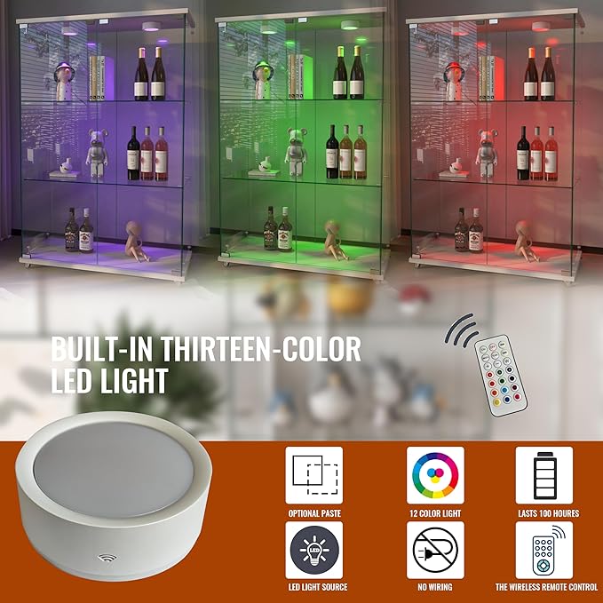 Yoluckea 3-Tier Glass Display Cabinet with LED Lighting, 2-Door Floor Standing Curio Cabinet with Universal Wheel for Home, Office, or Corner Display, White Glass Bookshelf for Collections and Decor - Image 3