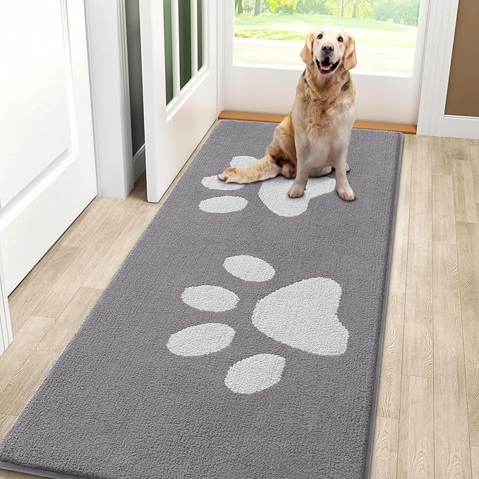 Smiry Dog Door Mat for Muddy Paws, Absorbs Moisture and Dirt, Low-Profile Entryway Mat with Non-Slip Backing, Entry Indoor Outdoor Doormat for Inside Floor (59x24 Inches, Light Grey, Paw) by Smiry