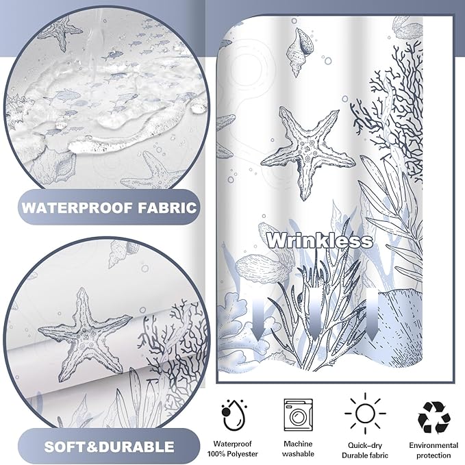 No Hook Shower Curtain with Snap in Liner, Beach Ocean Nautical Coastal Shower Curtains and Liner Set for Bathroom, Seashell Hotel Fabric Bath Curtain, Waterproof Washable, Grey 71" x 74" - Image 3