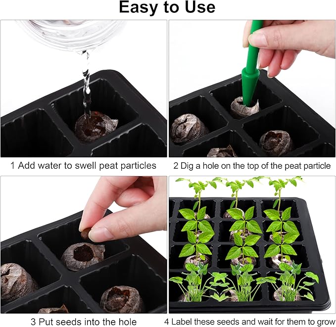 4 Pack 24-Cells Seed Starter Tray Kit Germination Tray with Humidity Dome and Base, Plant Growing Kit Germination Starter Including Peat Pellets, Plant Labels, Tool for Indoor Outdoor, Black - Image 4