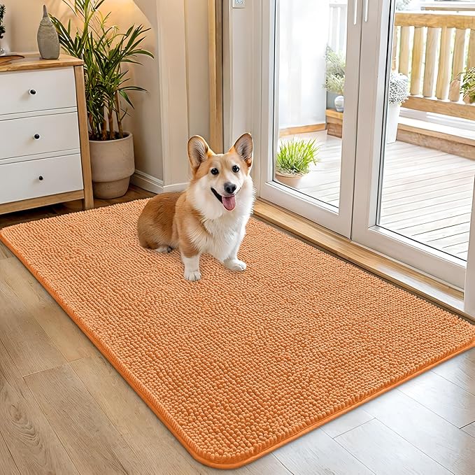 OLANLY Dog Door Mat for Muddy Paws 45x27, Absorbs Moisture and Dirt, Absorbent Non-Slip Washable Doormat, Quick Dry Chenille Mud Mat for Dogs, Entry Indoor Entryway Carpet for Inside Floor, Orange by OLANLY