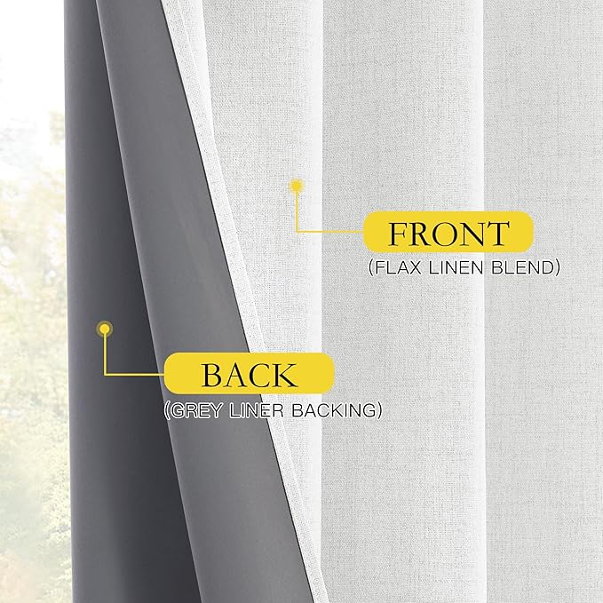 NICETOWN 100% Absolutely Blackout Linen Curtains with Thermal Insulated Grey Liner, Greyish White, 52 inches Wide, 84 inches Length Energy Saving Curtains for Living Room 2 Panels Set, Vertical Blinds - Image 6