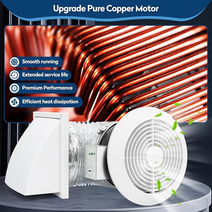 512M 6 Inch Through-the-Wall Exhaust Fan with White Grille, 80 CFM, 4.0 Sone, 16-Inch Retractable Duct, Household Ventilation Fan for Attic, Garage, Kitchen and Bathroom Exhaust Fan, Bathroom Vent Fan - Image 5