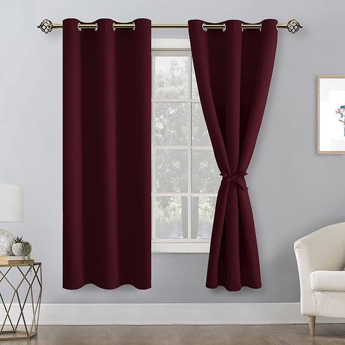 Hiasan Blackout Curtains for Bedroom, 38 x 72 Inches Long - Thermal Insulated & Light Blocking Window Curtains for Living Room Christmas Decor, 2 Drape Panels Sewn with Tiebacks, Burgundy - Image 2