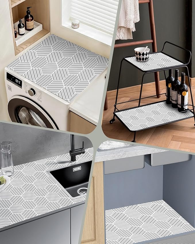 Shelf Liner Drawer Liner for Kitchen Cabinet Non-Adhesive Cabinet Liners Thickened Slip Resistant Waterproof Shelf Paper Protect Cupboard Dresser Shelves, Gray Hexagonal Geometric Stripe 11.8In x 10FT - Image 7