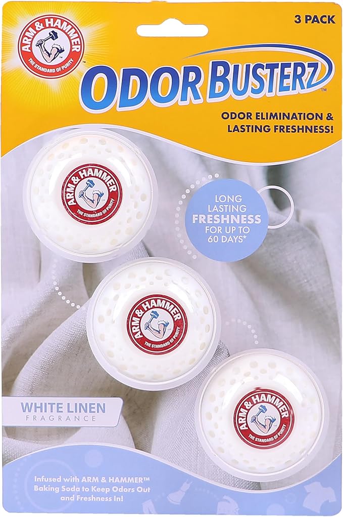 Arm & Hammer Odor Busterz Deodorizing Balls - Air Freshener and Odor Eliminator - Long Lasting Freshness for Home, Bathroom, Closet, Gym Bags, Sports Gear and More - 3-Count, White Linen Scent by ARMHAMMER