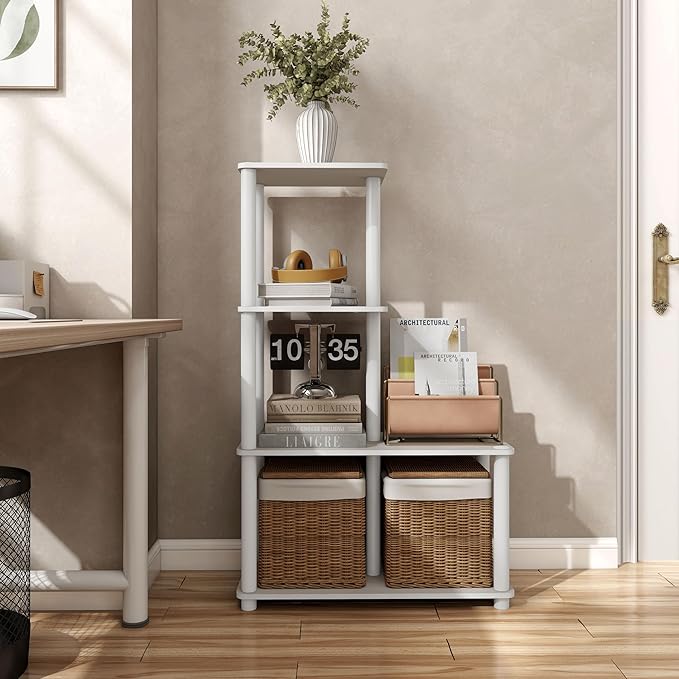 Homes: Inside + Out Apexa Modern 4-Cube Ladder Shelving Units, Collectibles Display Shelves, Easy Assembly Standing Shelf, Home Storage Organizer for Living Room, Bedroom, Office, Taupe Grey - Image 2