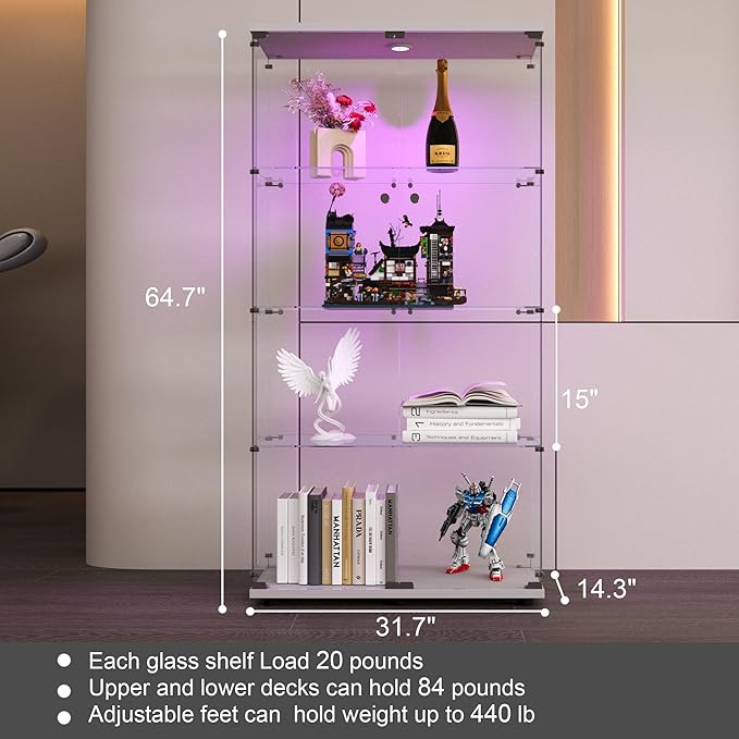 Yoluckea 4 Shelves Glass Display Cabinet with LED Light and 2 Doors, Curio Collection Glass Display Case, Floor Standing Bookshelf Corner Cabinet for Book Toys Glory (White) - Image 2