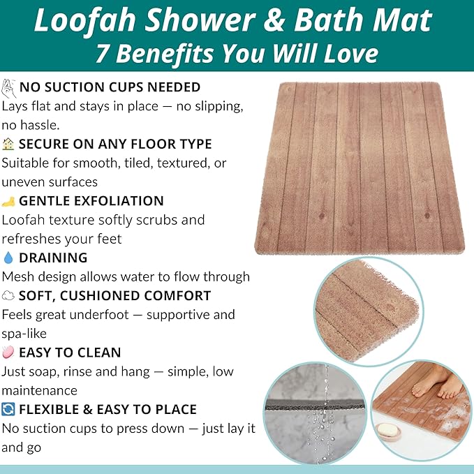 Enkosi Loofah Non-Slip Shower Mat - Shower Floors, Bathtub, Bathrooms, Wet Areas - Cushioned Bath Mat with Drain Holes - Quick Dry PVC, Secure Safety Pad Without Suction Cups (32x24 Teak Wood) - Image 4