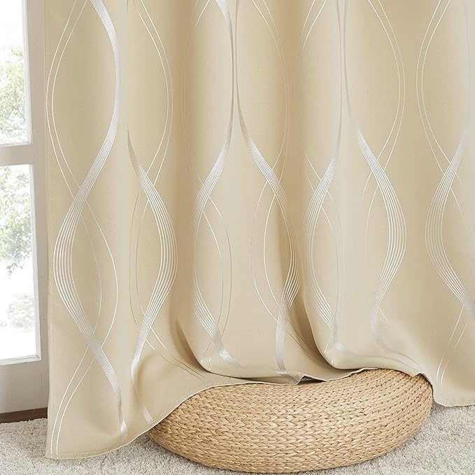 NICETOWN Blackout Curtains 90" Long 2 Panels, 52", Biscotti Beige, Foil Printed Wave Lines Energy Saving Thermal Insulated Blackout Draperies for Patio Hall Studio - Image 5