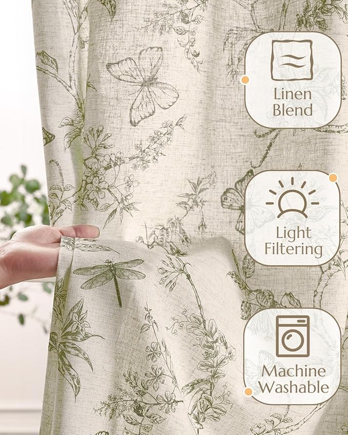 jinchan Floral Linen Curtains for Living Room 84 Inch Length Butterfly Curtain Sage Green Floral Curtains French Country Farmhouse Curtain Flower Patterned Drapes Window Treatment Set 2 Panels - Image 4