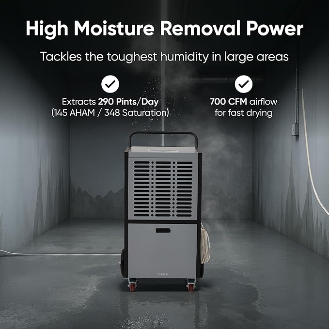 290 Pints Commercial Dehumidifier for Basements & Industrial Spaces – Built-In Pump, Drain Hose, Continuous Operation, 2-Speed Fan, 24000 Sq Ft Coverage - Image 3