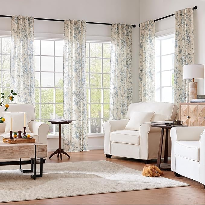 jinchan Linen Floral Curtains 84 Inch Length for Living Room Bedroom Light Filtering Farmhouse Peony Flower Drapes Rustic Window Curtain Set Rod Pocket Back Tab 2 Panels Blue - Image 2