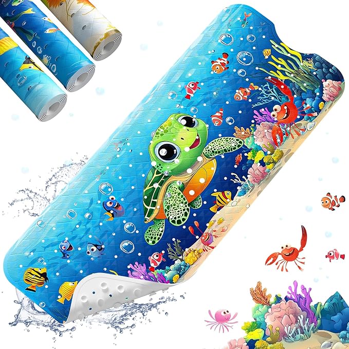 XIYUNTE Baby Bath Mat for Tub Non Slip Kids Bath Mat - 40''x16'' Extra Long Cartoon Turtle Baby Bath Tub Mat Eco-Friendly Toddler Bath Mats with Suction Cups & Drain Holes, Easy to Clean & Easy Drying by XIYUNTE