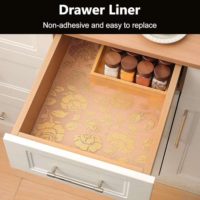 INNOLITES Shelf Liner for Cabinets, Non-Adhesive for Kitchen Drawer Liner, Waterproof Shelf Paper with Floral Pattern, Durable Easy to Clean (Golden Rose, 17.7" x 78.7") - Image 3