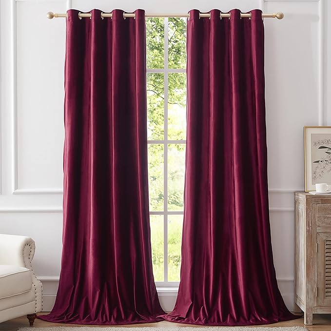 Christmas Burgundy Decorative Velvet Curtains 90 inches Luxury Living Room Curtain Blackout Modern Thermal Insulated Soundproof Privacy Room Darkening Floor to Ceiling Drapes for Bedroom Set of 2 by ModernShinyVelvetCurtains