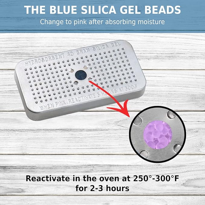 HYDROSORBENT® Moisture Absorbers for Cameras, Telescopes, Safes (40gm - 2 Pack). Blue to Pink. Rechargeable, Reusable Desiccant Dehumidifier. Made in USA Silica Gel Desiccant Mini Canisters. - Image 6