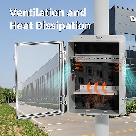 Joinfworld Outdoor Electrical Vented Box Outdoor Waterproof Junction Enclosure 16x11x6 Plastic WiFi Box with Stainless Steel Buckle Dust Screen 12V Fan - Image 4
