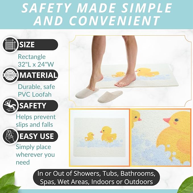 Enkosi Loofah Non-Slip Shower Mat - Shower Floors, Bathtub, Bathrooms, Wet Areas - Cushioned Bath Mat with Drain Holes - Quick Dry PVC, Secure Safety Pad Without Suction Cups (32x24 Duck) - Image 3