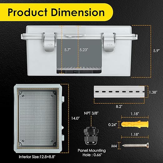 Waterproof Electrical Junction Box, IP67 Plastic Weatherproof Electrical Enclosure with Aluminum DIN Rail, Mounting Plate, Wall Brackets for DIY Project WiFi(13.8''×9.8''×5.9") - Image 3