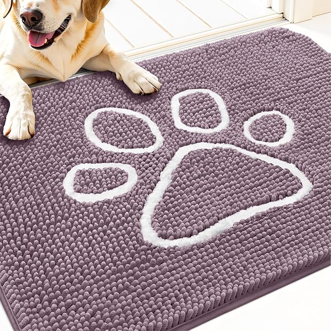 OLANLY Dog Door Mat for Muddy Paws 30x20, Paw Print Design, Absorbs Moisture and Dirt, Absorbent Non-Slip Washable Doormat, Quick Dry Chenille Mud Mat, Entry Indoor Entryway Carpet, Deep Plum by OLANLY