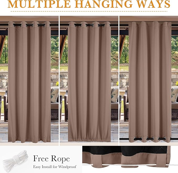 RYB HOME Outdoor/Indoor Thermal Insulated Fade-Resistant Blackout Curtains 96 inches Long with Cotton Interlining for Winter, Waterproof Curtains for Patio Bedroom, W 52 x L 96, Mocha, 2 Panels - Image 6