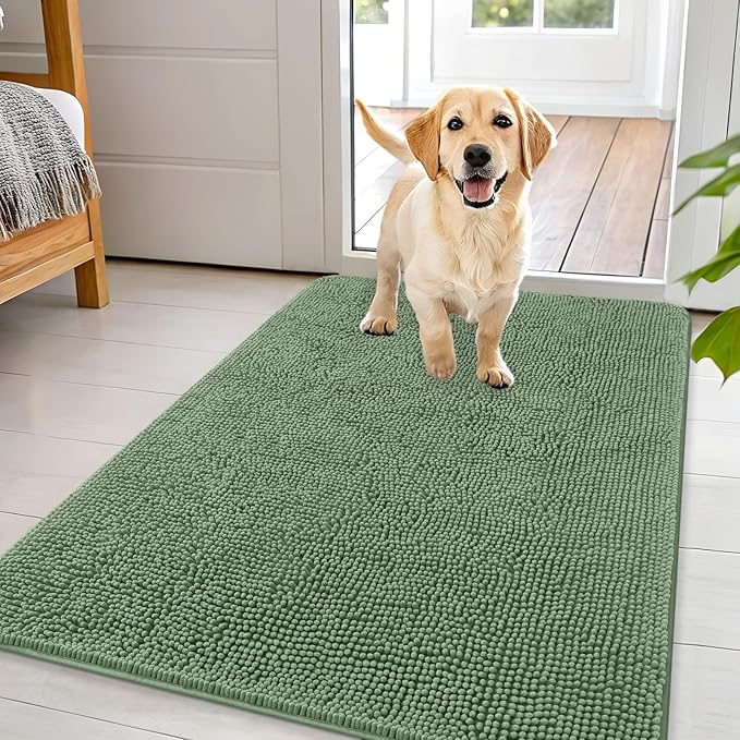 OLANLY Dog Door Mat for Muddy Paws 44x32, Absorbs Moisture and Dirt, Absorbent Non-Slip Washable Doormat, Quick Dry Chenille Mud Mat, Entry Indoor Entryway Carpet for Inside Floor, Olive Green by OLANLY