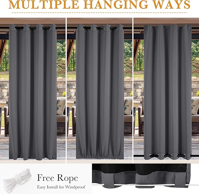RYB HOME Outdoor/Indoor Thermal Insulated Fade-Resistant Blackout Curtains Extra Long with Cotton Interlining for Winter, Curtains for Patio Bedroom, W 52 x L 108, Grey, 2 Panels - Image 6