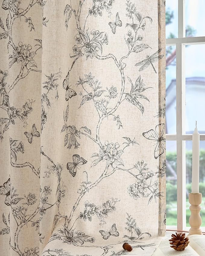 jinchan Floral Linen Curtains for Living Room 96 Inch Length Butterfly Curtain Black Floral Curtains French Country Farmhouse Curtain Flower Patterned Drapes Window Treatment Set 2 Panels - Image 9