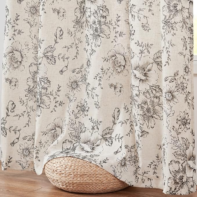 jinchan Linen Floral Curtains 100 Inch Extra Wide for Patio Sliding Glass Door Room Divider Curtain for Living Room 96 Inch Length Farmhouse Peony Black Printed Curtain Set 1 Panel - Image 8