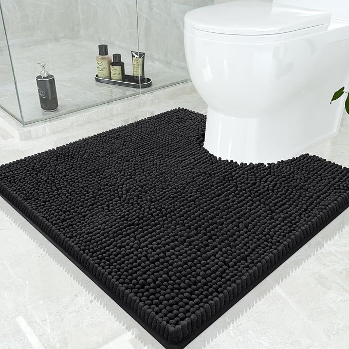 Smiry Luxury Chenille Toilet Rugs U-Shaped 24x24, Soft Absorbent Non-Slip Contour Bathroom Rugs for Toilet, Machine Washable Contoured Bath Mats, Black by Smiry