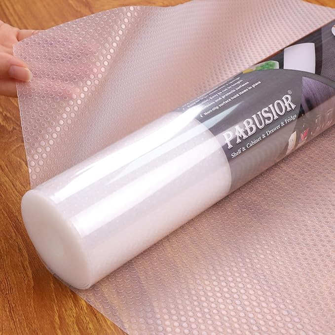 PABUSIOR Clear Cabinet Shelf Liner: Waterproof Bathroom Drawer Mat 17.7 x 96 Inch - Protector Kitchen Cupboard Liners for Closet Pantry Shelves - Easy to Cut Translucent Refrigerator Mats by PABUSIOR