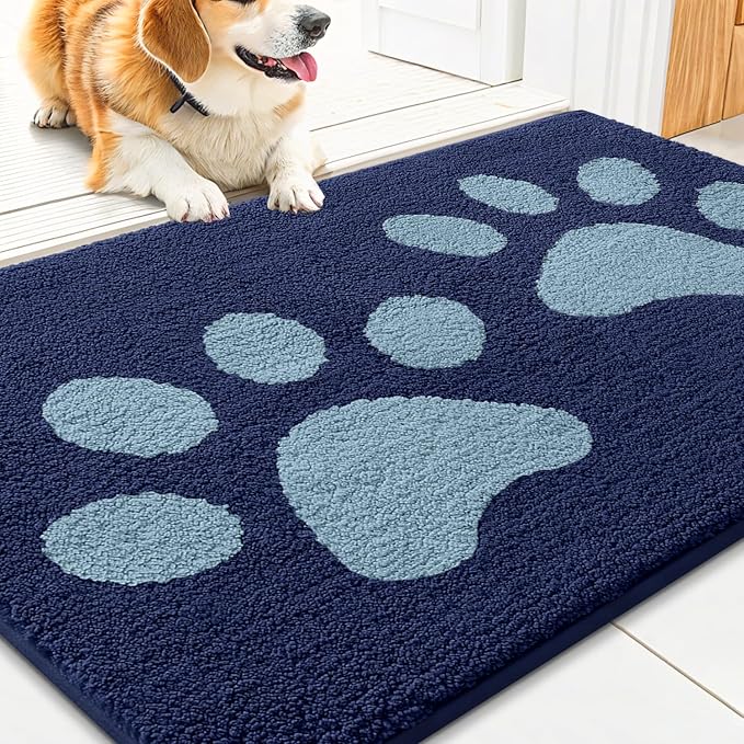 Smiry Dog Door Mat for Muddy Paws, Absorbs Moisture and Dirt, Low-Profile Entryway Mat with Non-Slip Backing, Entry Indoor Outdoor Doormat for Inside Floor (30x20 Inches, Dark Blue, Paw) by Smiry