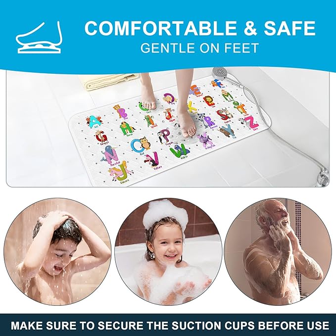 XIYUNTE Baby Bath Mat for Tub Non Slip Kids Bath Mat - 40''x16'' Extra Long Cartoon Bathtub Mat Non Slip Kids Shower Mat Eco-Friendly Toddler Bath Mats with Suction Cups, Machine Washable - Image 7