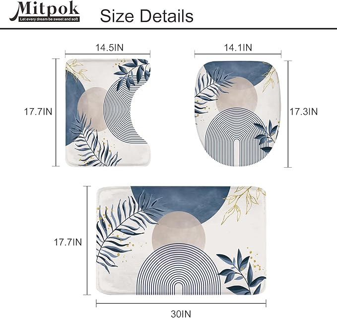4 PCS Navy Blue Gray Boho 72Wx72H Shower Curtain Set Modern Mid Century Plant Bath Rug Toilet Lid Cover Nonslip U Shape Mat Quick Dry Rubber Backed Dirt Resistant Accessories Bathroom Decor - Image 5