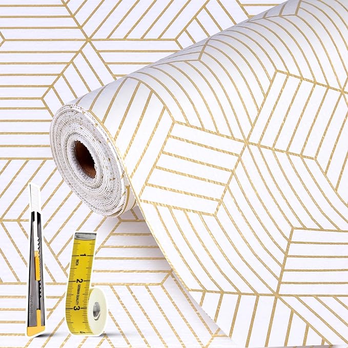 Shelf Liners for Kitchen Cabinets Non Adhesive Shelf Liner Paper Non-Slip Thickened Drawer Liner Easy to Clean for Tool Box Refrigerator with Knife and Tape Measure, Gold Geometric, 17.3 x 236.2 in by Oneoftheworld