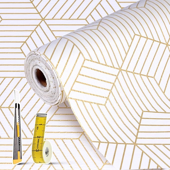 Shelf Liners for Kitchen Cabinets Non Adhesive Shelf Liner Paper Non-Slip Thickened Drawer Liner Easy to Clean for Tool Box Refrigerator with Knife and Tape Measure, Gold Geometric, 11.8 x 354.3 in by Oneoftheworld