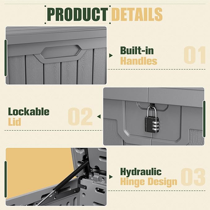 JUMMICO 250 Gallon Outdoor Resin Deck Box with Divider, Waterproof Storage Box with Lockable Lid&Side Handles for Garden Tools, Pools Supplies (Gray) - Image 2
