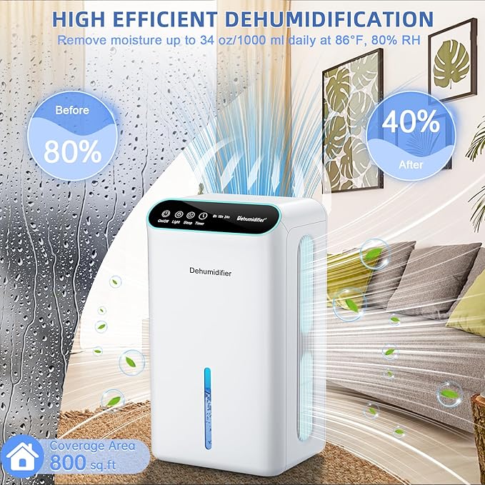 Dehumidifiers for Home, Up to 800 Sq.ft, 86oz Water Tank, Dehumidifiers for Bedroom with Essential Oil Diffuser, 7 Color LED Light, 24H Timer, Auto Shut-off, Ideal for Bathroom Basement Closet RV - Image 4