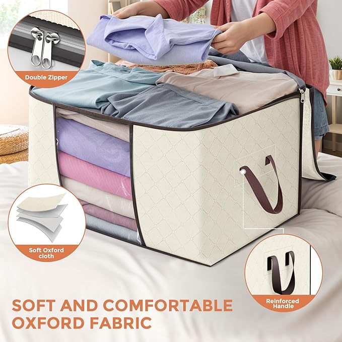 Budding Joy 90 L Large Storage Bags, 10 Pack Clothes Storage Bins Foldable Closet Organizers Storage Containers with Reinforced Handle for Clothing, Blanket, Comforters, Bed Sheets, Pillows (Beige) - Image 5
