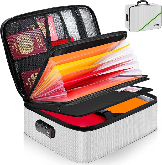Noiposi Document Organizer with Lock,16.1"x11.4"x4.3" Waterproof and Fireproof Document Box,Portable Home Travel Safe Storage Box for Important Documents,File and Birth Certificate,Silver by Noiposi